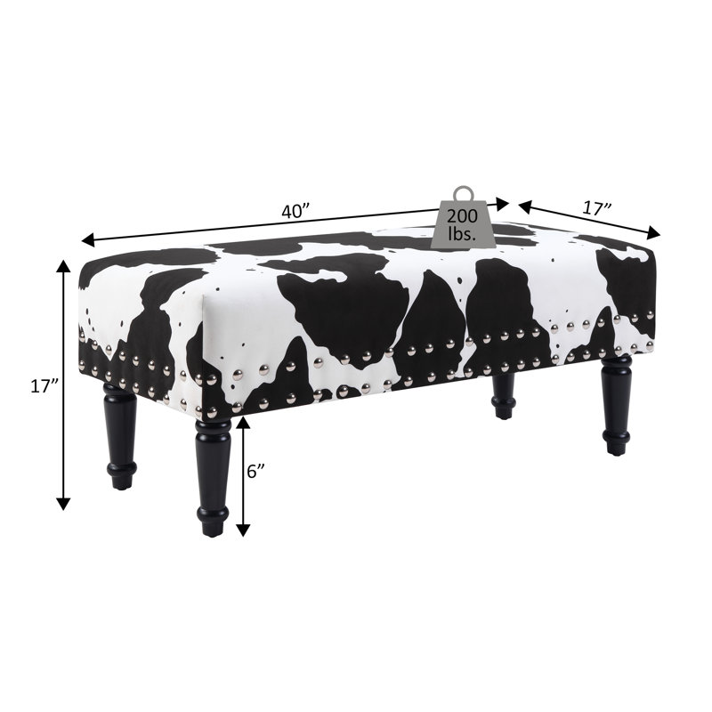 Daisy Upholstered Bench, Black Cow Print Fabric