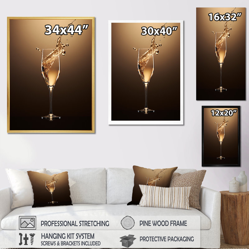 «Fragility Golden Champagne» - impressions sur toile vin et champagne, Cadre simple noir, H 20 po x l 12 po x P 1 po