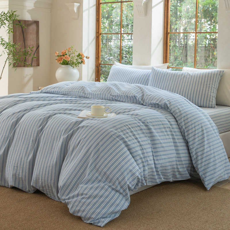 DONEUS Striped Duvet Cover Set 100% Washed Cotton Linen Like Soft Feelling Breathable Bedding, Cornflower Blue/White