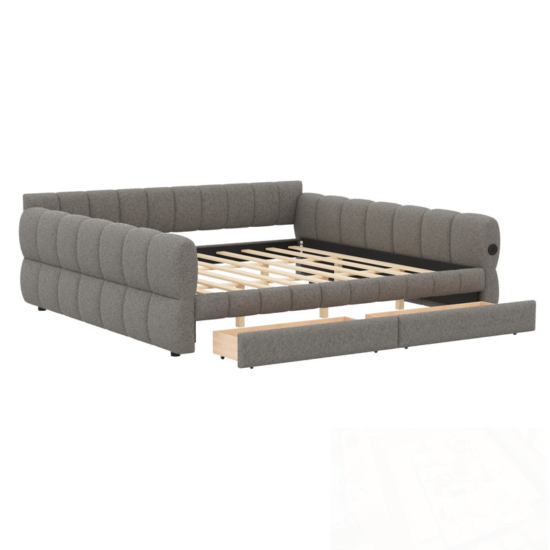 Très grand lit plateforme tapissier avec port USB et 2 tiroirs, Gris