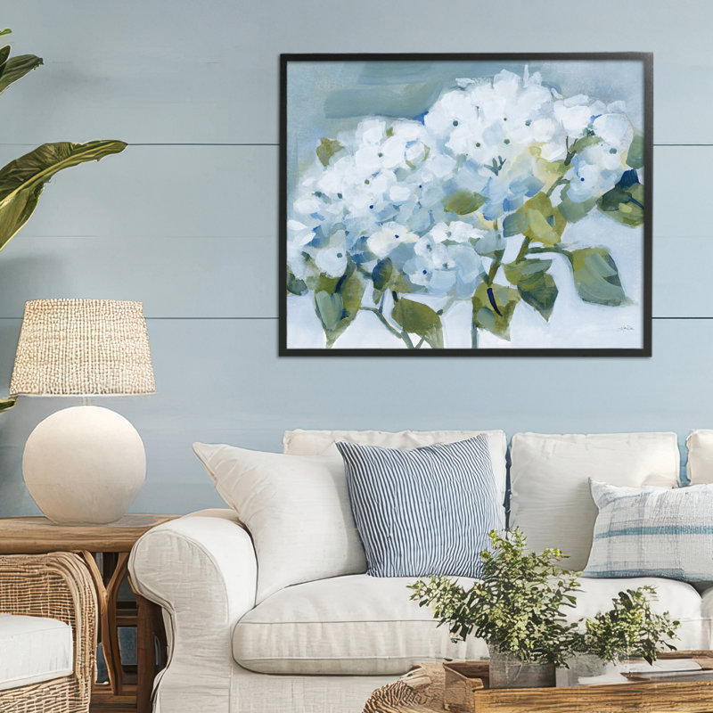 Blue Spring Cottage Hydrangeas, giclée encadrée, design par Katrina Pete, Giclée encadrée noir minuit, H 24 po x l 30 po