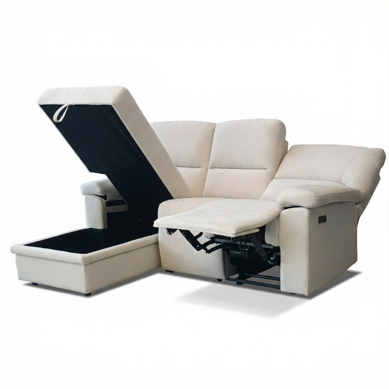 Left-Facing Chaise Corner Sofa with Storage Space and Power Recliner Seat, Cream