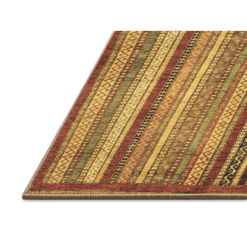 Tapis rayé rectangulaire tissé à la machine en laine / polyester brun / vert / beige 7 pi x 10 pi
