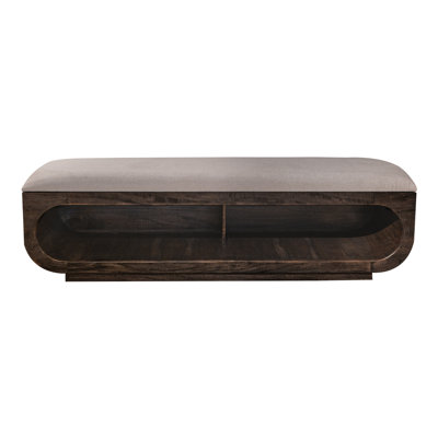 Wooden bench with a cushioned seat and open storage underneath.
