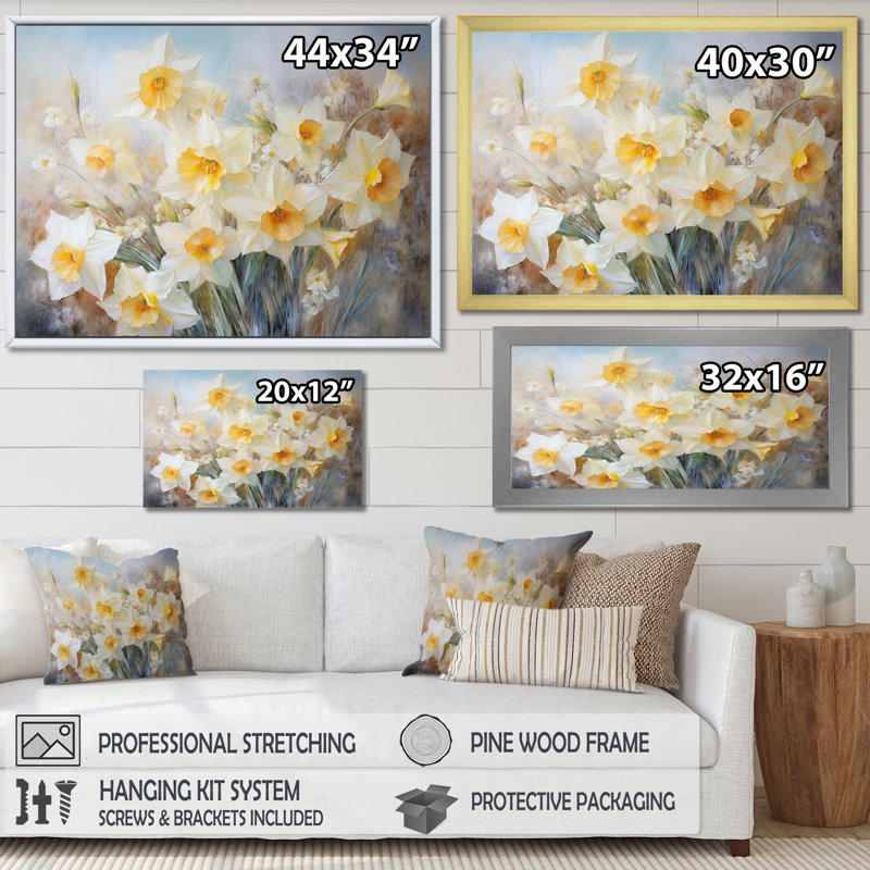 Motif de jonquilles Minimalims - imprimé, H 12 po x l 20 po x P 1 po, Cadre naturel flottant