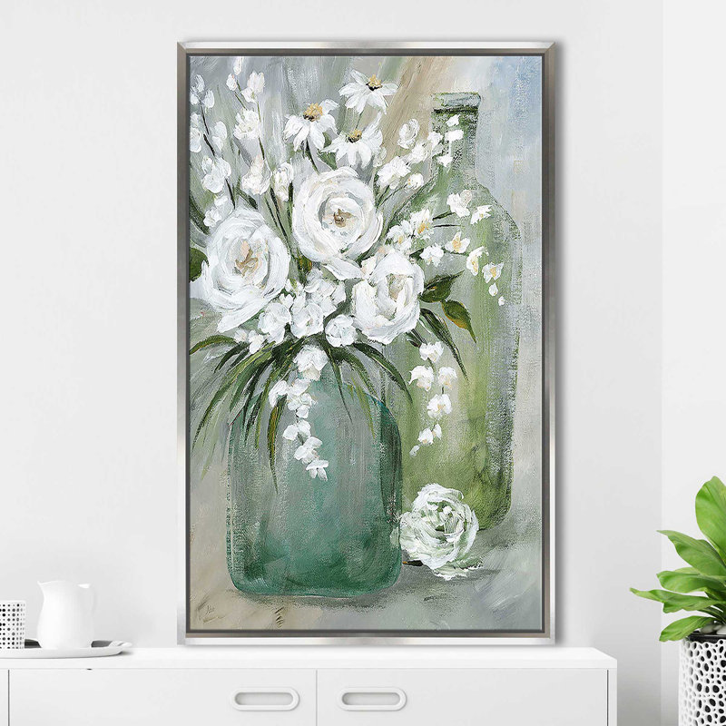«Rosey Af après-midi» par Nan - Peinture, Cadre flottant argent, H 43,5 po x l 27,5 po x P 2 po