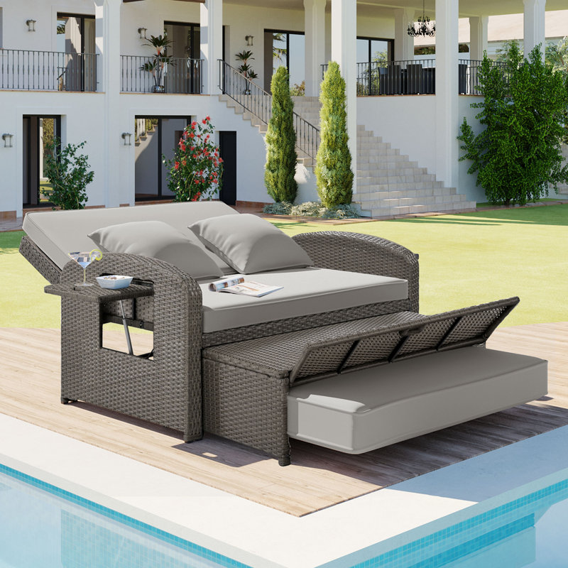 Wicker Rattan Double Chaise Lounge, 2-Person Reclining Daybed with Adjustable Back and Cushions, Gray