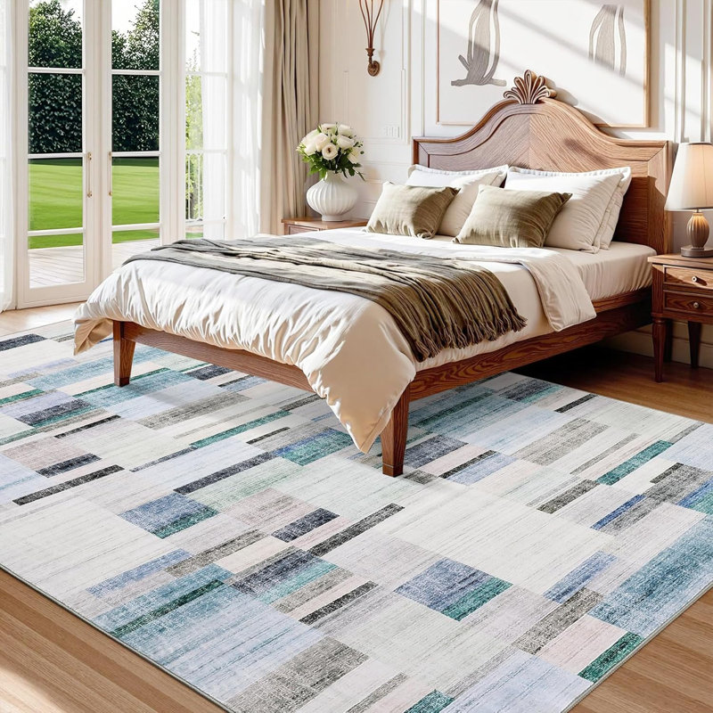 Washable Geometric Patchwork Rug, Non-Slip, Low Pile, Modern Farmhouse Carpet for Bedroom or Dining Room, Red