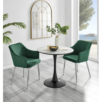 Eubanks White Marble Effect Melamine Round 80cm Dining Table And Chairs - 2 Velvet Dining Chairs