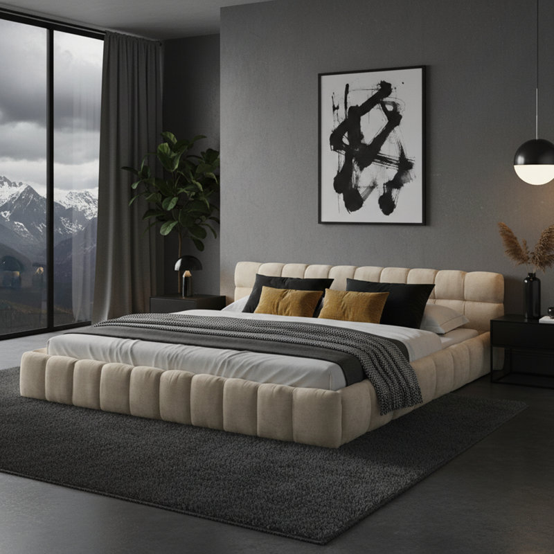 Très grande base de lit tapissier avec tissu chenille épais, Beige