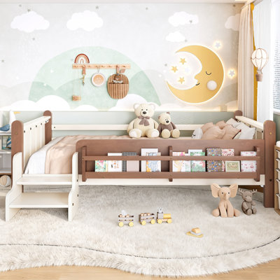 Twin Size Solid Wood Kids Floor Bed with Storage Bookcases, Guardrails & Stairs – No Box Spring Needed, Beige