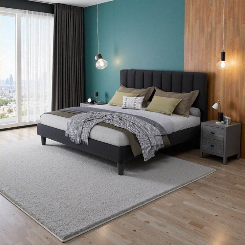 Base de lit tapissier pleine grandeur avec tête de lit ajustable - Velours doux, capacité de 800 lb, sans bruit, pieds de 12 po de hauteur, noir