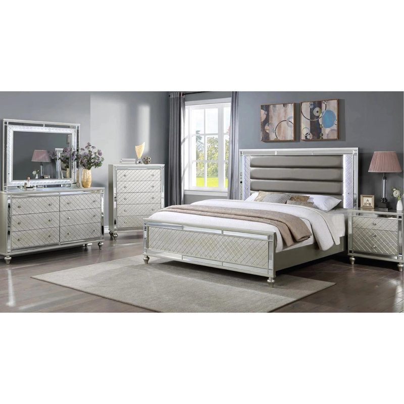 Lit à panneau 1pc avec superbe finition argentée, canal, luxe moderne et éclairage à DEL intégré pour la chambre à coucher avec éclairage,