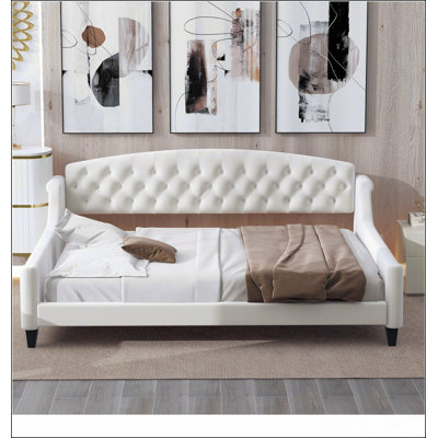 Lit de jour moderne capitonné à boutons avec structure en contreplaqué, idéal pour le confort et le style dans tout espace de vie.