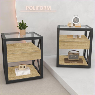Table basse en bois naturel et panneau de fibres à densité moyenne avec plateau en verre trempé - peu encombrant et facile à nettoyer pour le salon Chambre à coucher