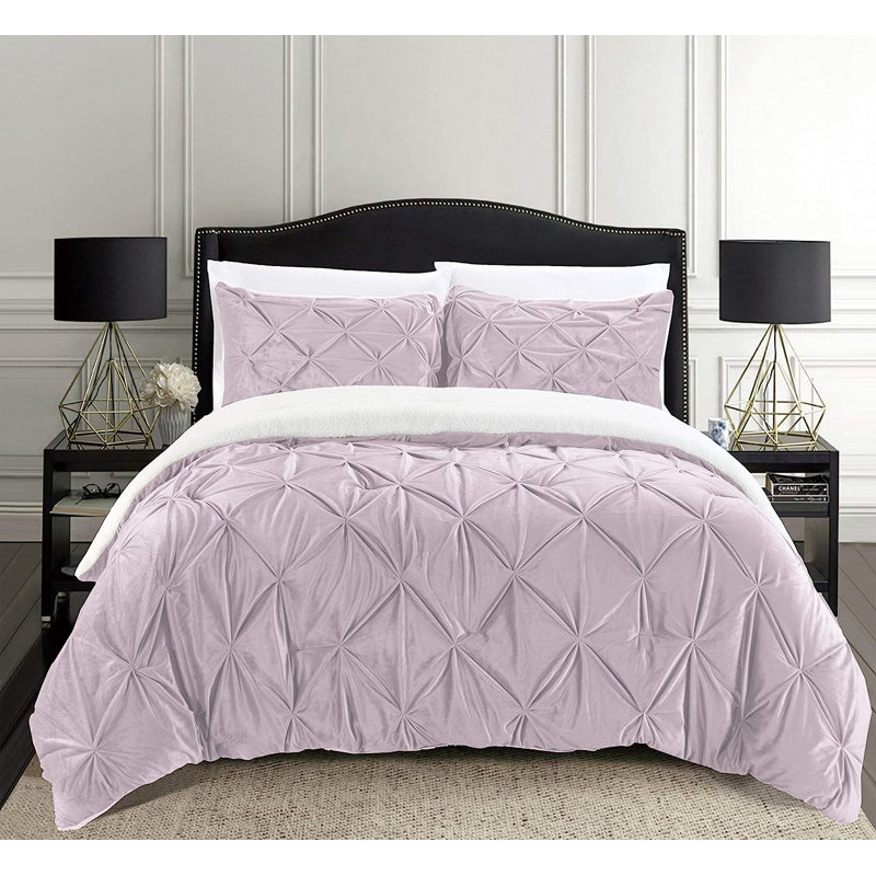 Mocassi Pintuck Sherpa Geometric Shapes Comforter, California King Comforter + 2 King Shams, Dusty Rose