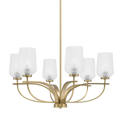 Lustre à 6 lumières verticales Unia présenté en finition New Age avec verre texturé transparent de 5 po