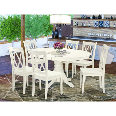7 Piece Dining Table Set consists of an Oval Wooden Table with Butterfly Leaf and 6 Dining Room Chairs, Linen White