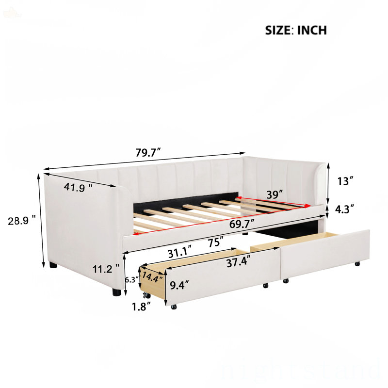 Lit de jour simple rembourré avec dossier ergonomique et 2 tiroirs, Beige