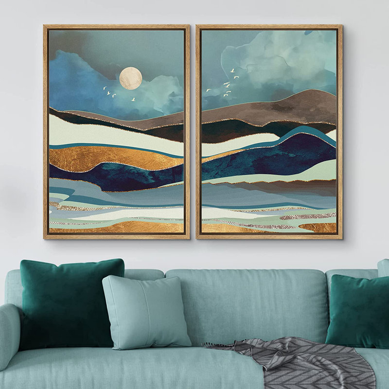 «Pastel Blue Gold Mountain Range», ensemble de 2 reproductions de cadres flottants, H 24 po x l 32 po x P 1,5 po