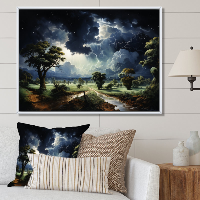 Tempête verte chassant la foudre sur toile, Cadre flottant blanc, H 24 po x l 32 po x P 1 po