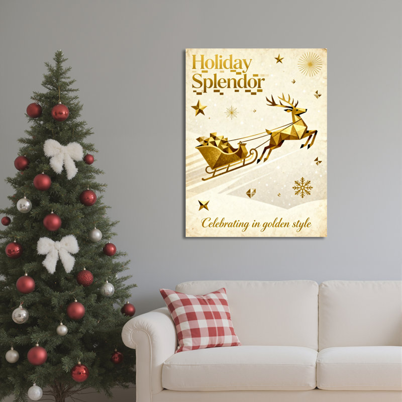 «Golden Reindeer Sleigh Holiday Splendor», reproduction d'art sur toile tendue sur toile, célébrant dans un style doré pour les décorations de Noël