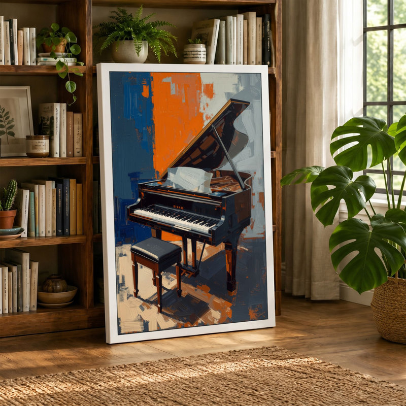 Grand Piano in Blue Mid-Century 1 Piece Wrapped Canvas Wall Art, 30x20 - 76.2 x 50.8 cm, Taupe Border