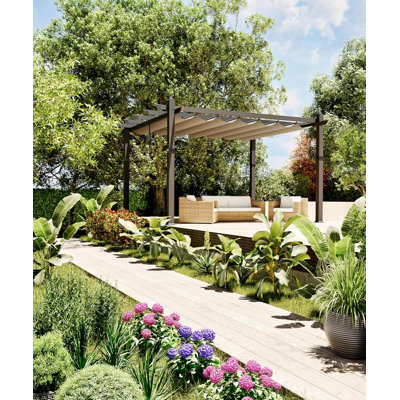 Pergola extérieure en aluminium 10 x 13 avec auvent rétractable en faux bois pour patio ou terrasse ou jardin ou plage ou pavillon gris et kaki