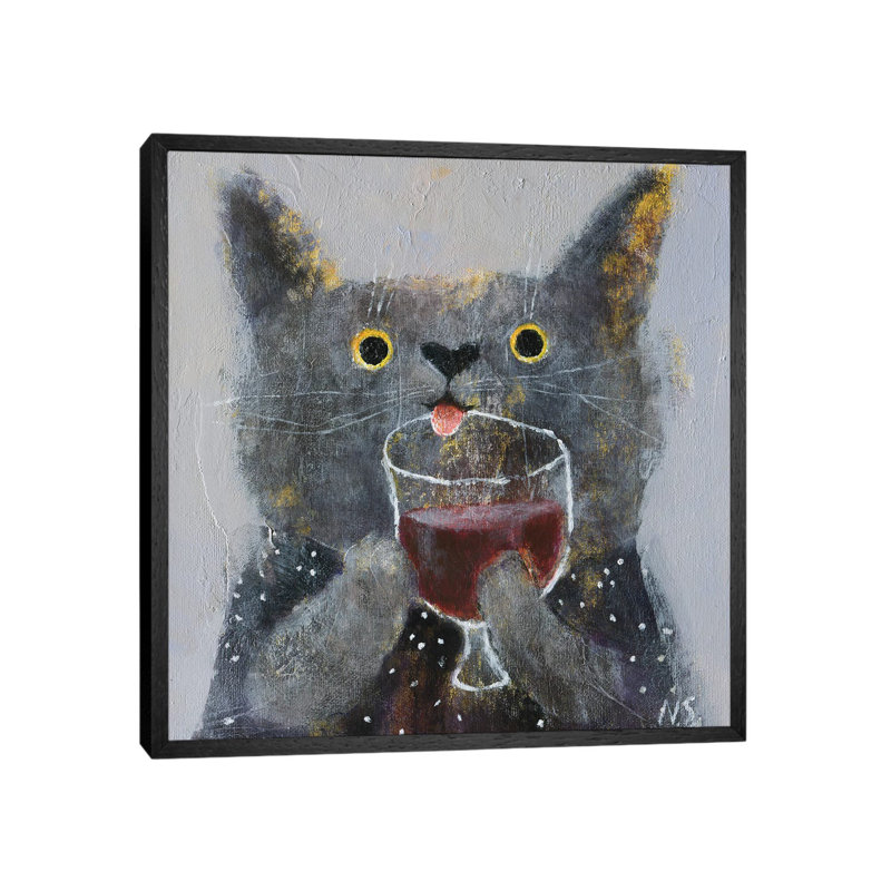 The Cat with Glass of Wine 1 Piece Painting on Canvas, 93.98cm H x 93.98cm W x 3.81cm D, Black Framed