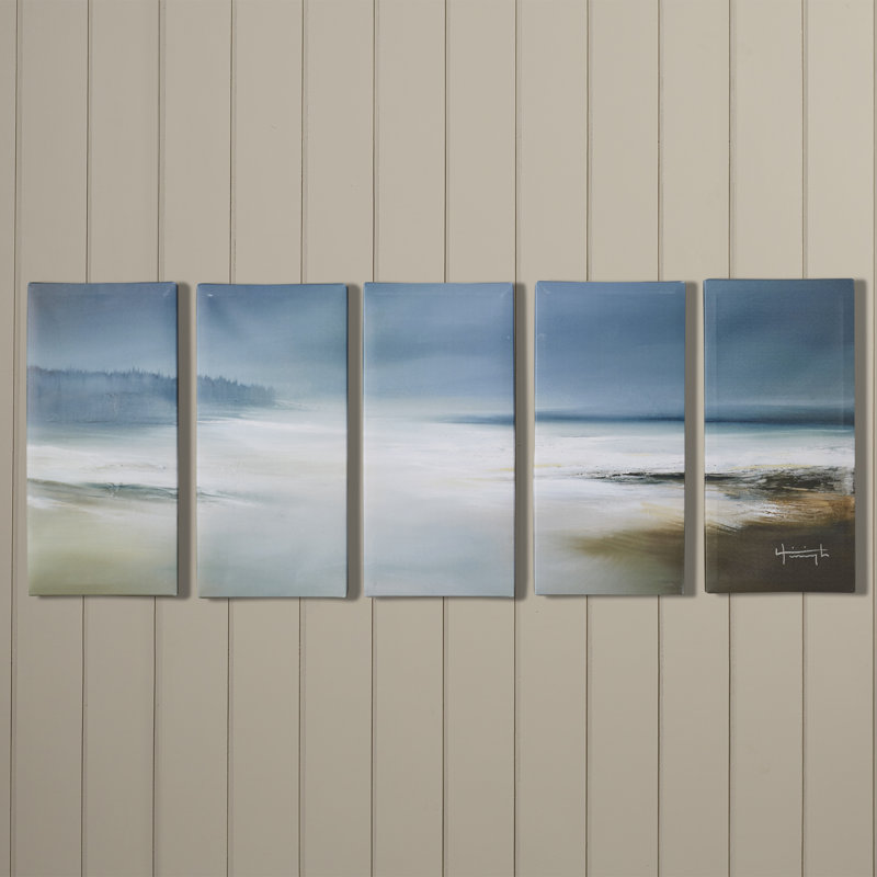 «Calm Waters and Cloudy Sky Beach Scene», ensemble de 5 reproductions d'art sur toiles tendues en bleu / brun