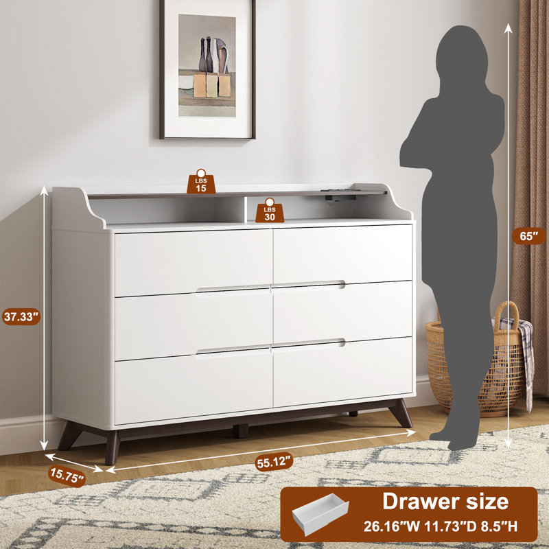 Dresser For Bedroom With 6 Drawers, 55" Large Dresser & Chest Of Drawers With Charging Station, Wood Closet Clothes Storage Long Dressers Organizer For Bedroom Living Room Hallway, White