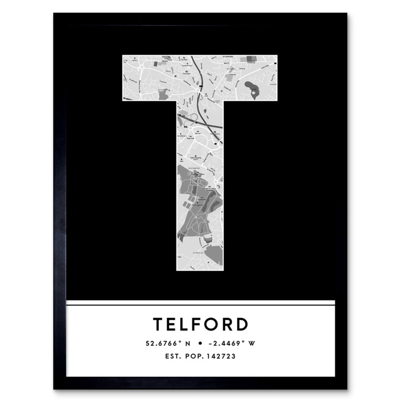 Telford City Map Telford Black & White - Single Picture Frame Print