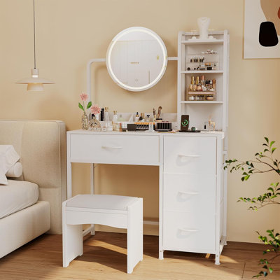 Makeup Vanity Desk with Mirror and Lights, Wood Dressing Table Featuring 4 Fabric Drawers & Adjustable LED Lighting, Saving Vanity Desk with Mirror and Lights for Women's Vanity Organizer