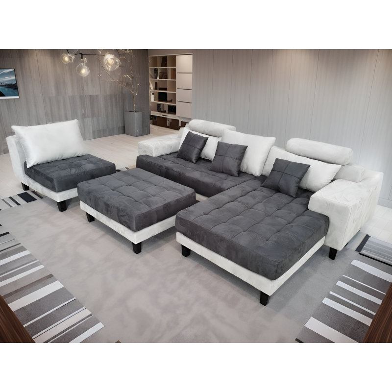 4 - Piece Upholstered Sectional, White/Gray Microfiber/Microsuede, Right Hand Facing