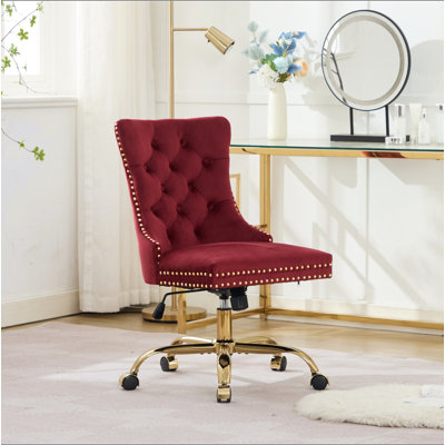 Fauteuil de bureau A&A Furniture, fauteuil de bureau moderne capitonné en velours capitonné avec base en métal doré, chaise de bureau pivotante réglable (rouge vin), SW1923WR