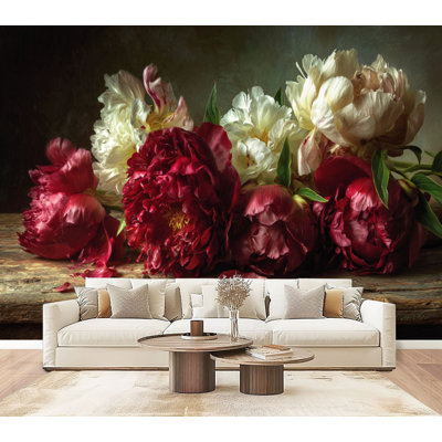Papier peint à peler et coller rétro, peinture florale à l'huile, pivoines, papier peint amovible en PVC 69 po x l 96 po H pour bureau de chambre à coucher, bureau à domicile
