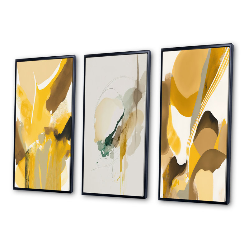«Mustard Yellow Retro», 3 pièces sur toile, Noir, H 32 po x l 48 po