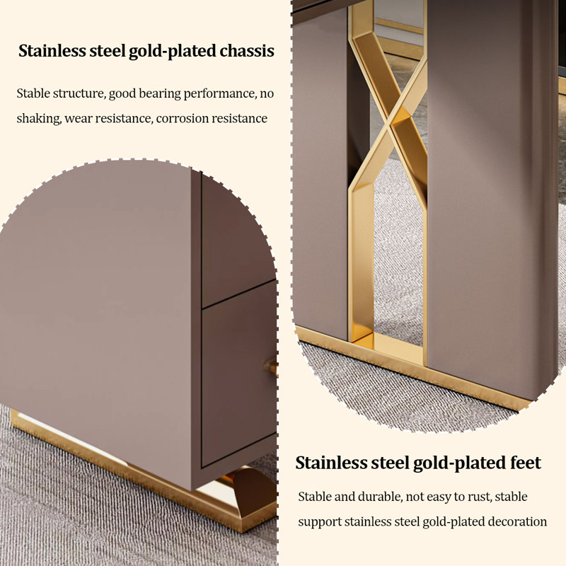 Beige Rectangular Sintered Stone Desk,5-Solid Wood drawer