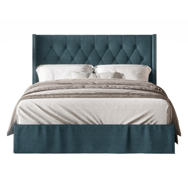 Lit plateforme tapissier Bellamy, Bleu, Très grand