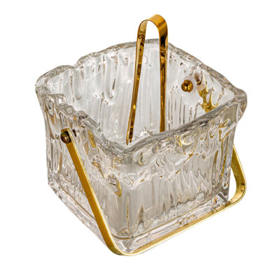 Seau à glace en verre texturé 24 onces avec poignée et pinces à finition dorée, transparent / doré