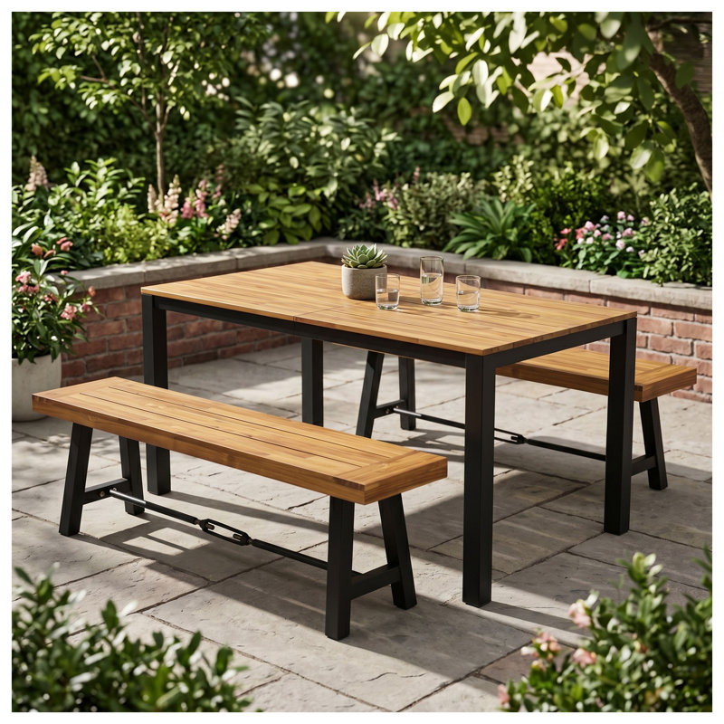Ensemble de salle à manger 3 pièces pour l'extérieur avec table en bois d'acacia de 71 pouces et 2 bancs, noir et teck
