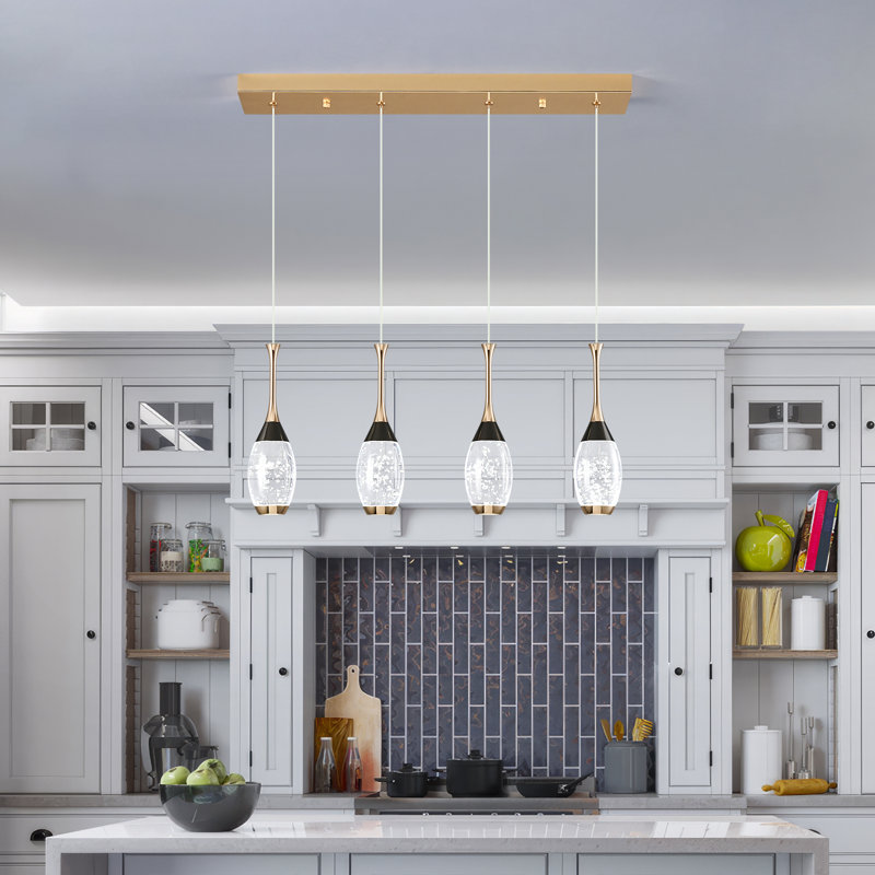 Mini-luminaire suspendu en cristal Illona Luminaire suspendu en or noir à DEL à intensité variable pour chambre à coucher avec îlot de cuisine (4 lumières)