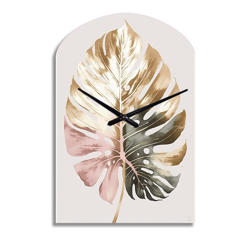 Or et blanc Philodendron feuille II - horloge florale en métal de forme unique, horloge murale, Médium