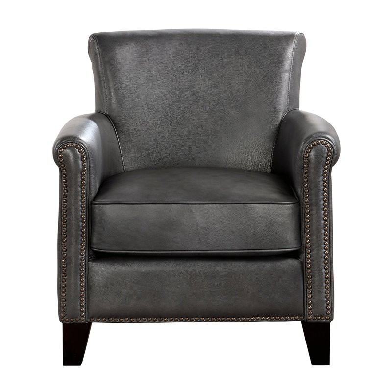 Chaise transitionnelle grise, base en bois massif, mousse haute, poids de 55,27 lb, construction classique incontournable, garniture cloutée, largeur de paquet de 33,5 po