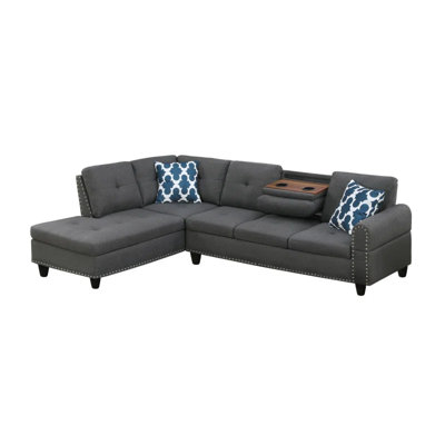 Cup  Holder Console  Featured Corner Sofa In Charcoal  Dark Gray 2Pc