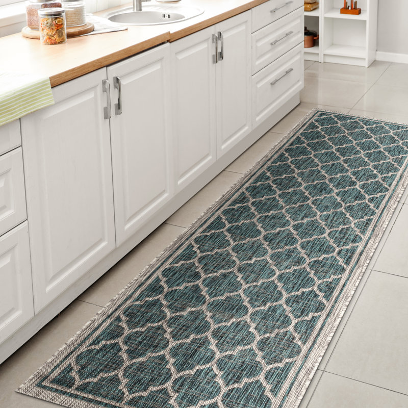 Tapis d'intérieur / extérieur bleu sarcelle / gris Hague, Tapis de couloir 2 pi 2 po x 10 pi