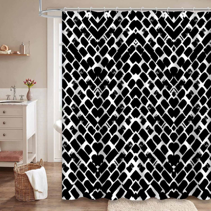 Rideau de douche à motif de chevrons noir et blanc avec 12 crochets Line Zigzag, L 72 po x l 84 po