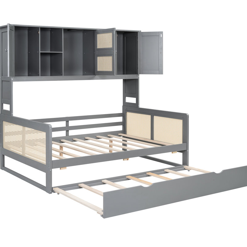 Lit de jour gris avec lit gigogne simple, armoire et tablette, tablette pleine base gris, cadre solide, Gris, Lit double