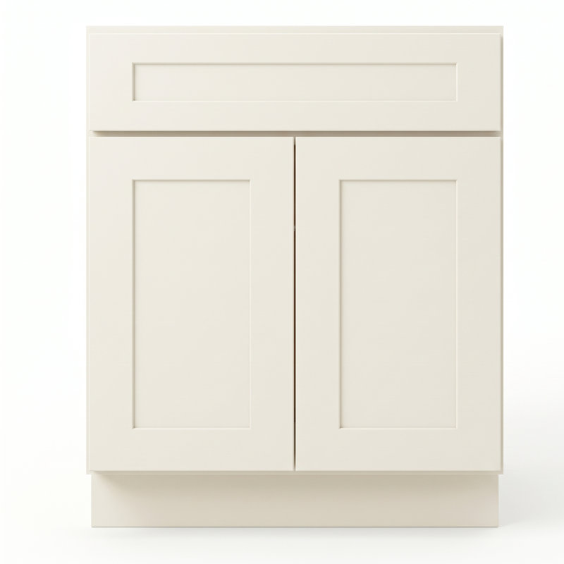 Armoire de base 27 po blanc doux prête à assembler avec portes en bois massif et tiroirs à queue d'aronde