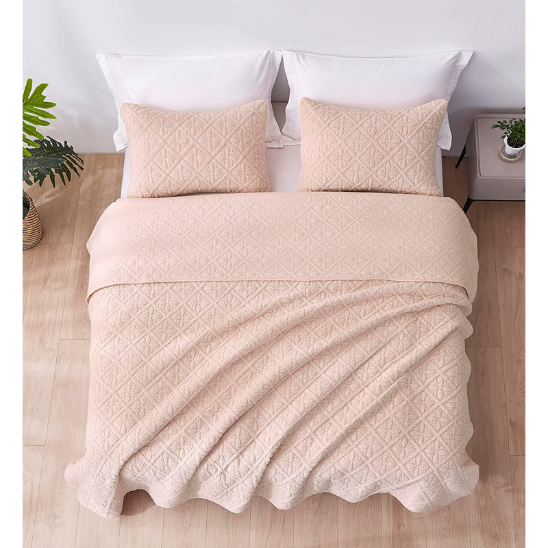 3 - Piece Reversible Floral Quilt Set, Sherpa Blanket with Shams, King Quilt + 2 King Shams, Blush